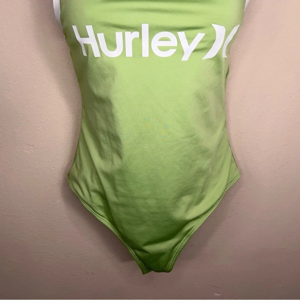 Medium Hurley One Piece Swimsuitight Green White Trim Stretch Beach Vacation